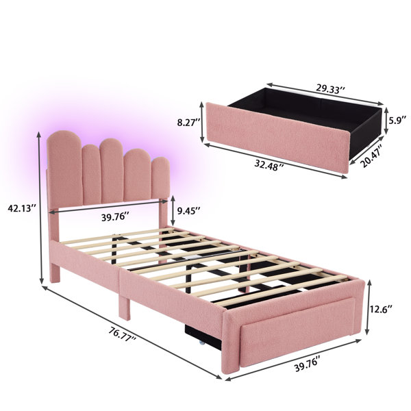 Princess Twin Bed Frame With Scallop Headboard & Storage Drawer, Upholstered Kids Platform Bed, Wooden Slats, No Box Spring Needed - Pink+white